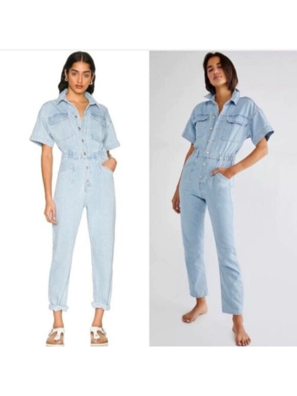 Free People We The Free Denim Utility Jumpsuit Light Wash Short Sleeve XS